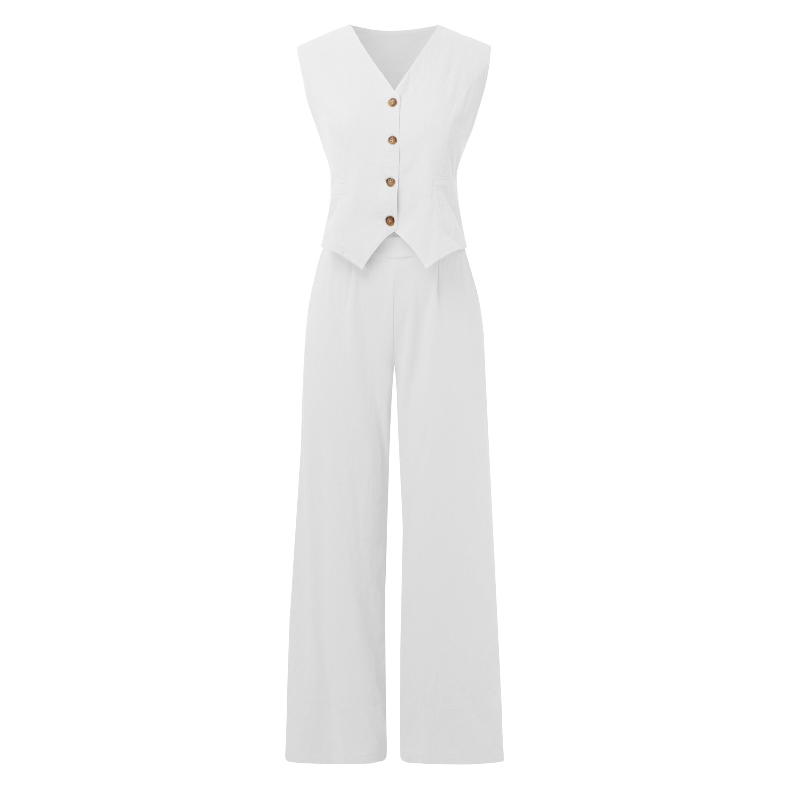 thumbnail image 5 of Conjunto informal de algodón de 2 piezas para mujer: camisa chaleco sin mangas con botones y pantalones rectos de pierna ancha con bolsillos, diseño sexy en el pecho, para uso diario/formal., 5 of 5